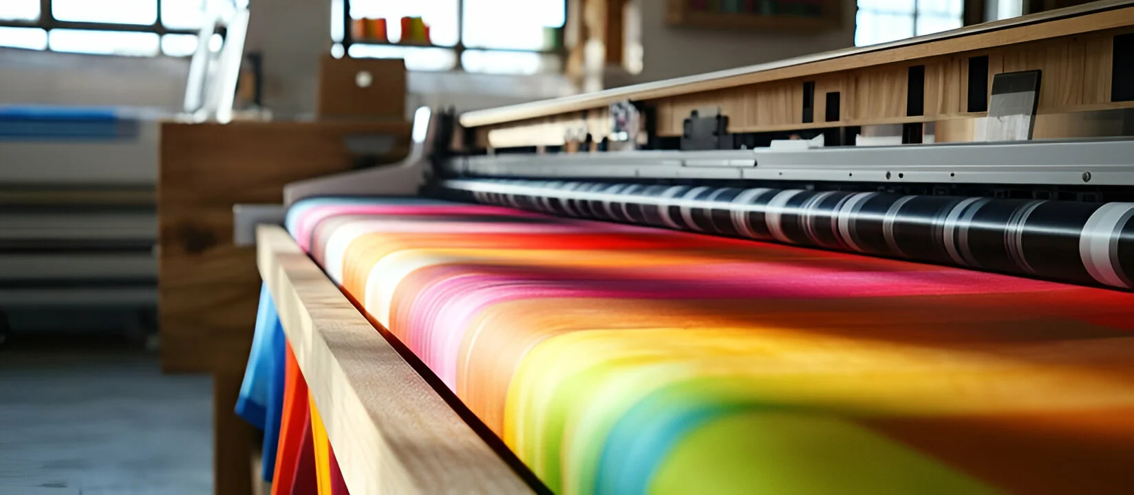 colorful fabric being printed on a large format printer